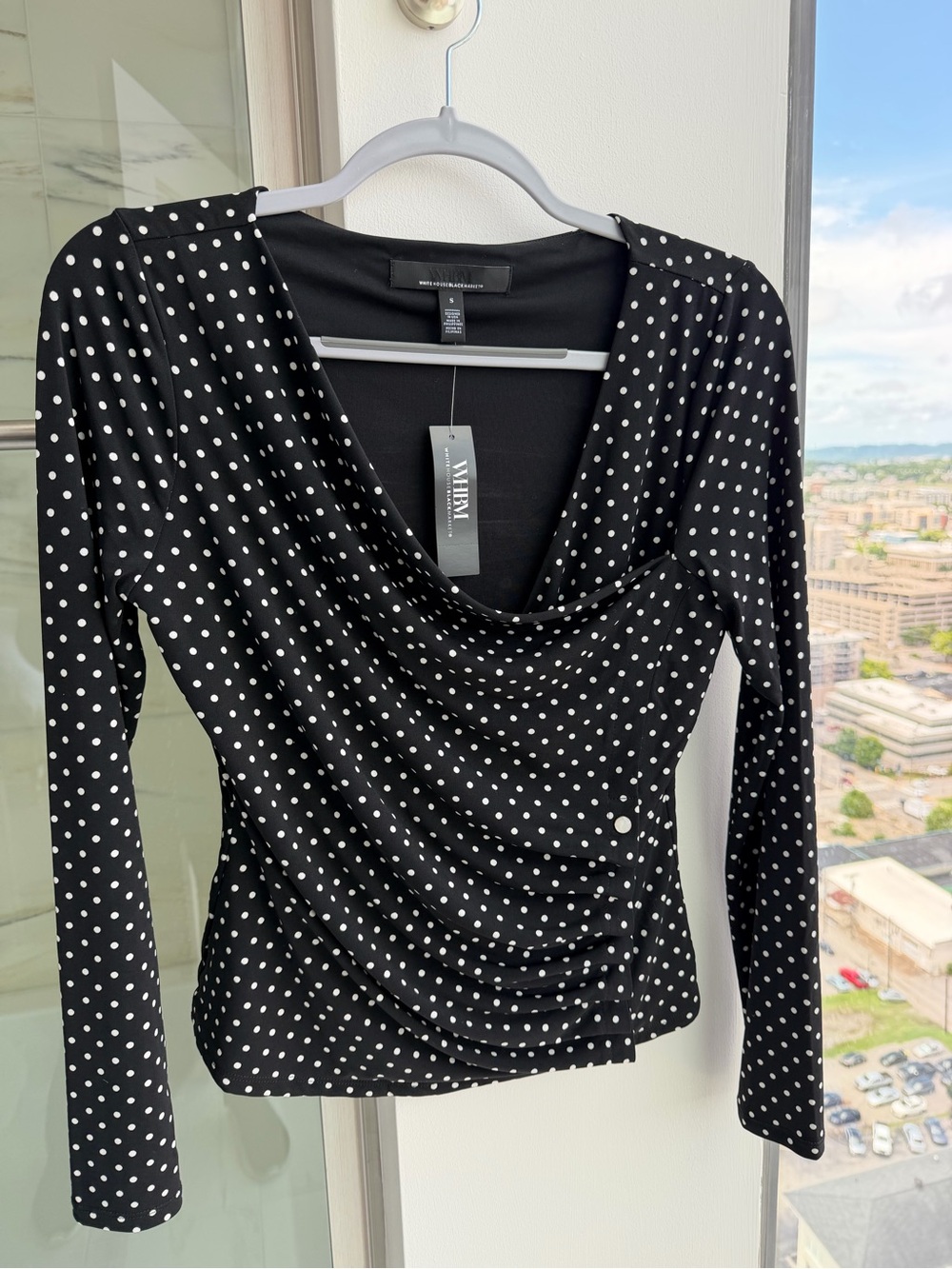 White House Black Market Black and White Polka Dot Draped Long-Sleeve Top